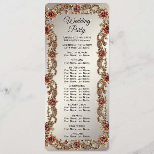 Gouden Bloemen Lijst met Rode Stenen Trouwprogramm Programmakaart (Achterkant)