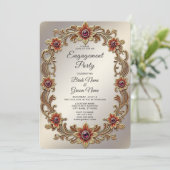 Gouden Bloemen Lijst met Rode Stenen Verloving Kaart (Staand voorkant)