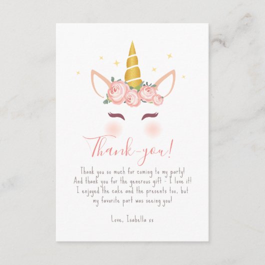 Gouden Bloemen Magische Eenhoorn Meisje Verjaardag Bedankkaart (Voorkant)