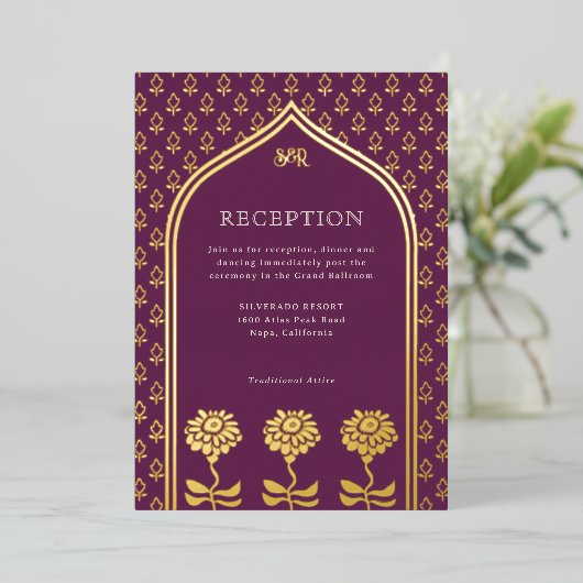 Gouden Bloemen Marigold Indiase bruiloft receptie Folie Uitnodiging (Staand Voorkant)