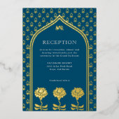 Gouden Bloemen Marigold Indiase bruiloft receptie Folie Uitnodiging (Voorkant)