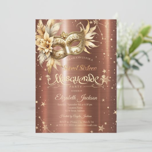 Gouden Bloemen Masque Sterren Bruin Metallic Zoet Kaart (Staand voorkant)