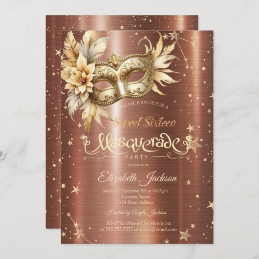 Gouden Bloemen Masque Sterren Bruin Metallic Zoet  Kaart (Voorkant / Achterkant)