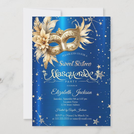Gouden Bloemen Masque Sterren Royal Blue Sweet 16 Kaart (Voorkant)
