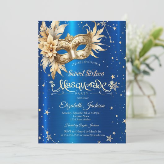 Gouden Bloemen Masque Sterren Royal Blue Sweet 16 Kaart (Staand voorkant)