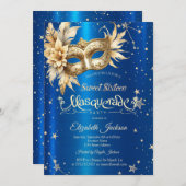 Gouden Bloemen Masque Sterren Royal Blue Sweet 16 Kaart (Voorkant / Achterkant)