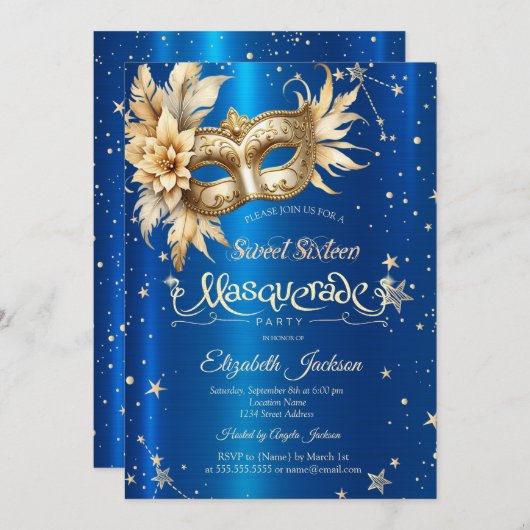 Gouden Bloemen Masque Sterren Royal Blue Sweet 16 Kaart (Voorkant / Achterkant)