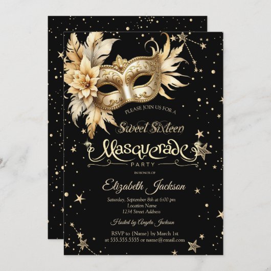 Gouden Bloemen Masque Sterren Sweet 16 Kaart (Voorkant / Achterkant)