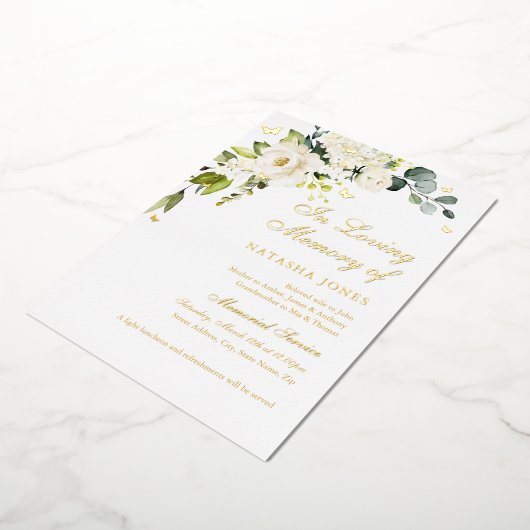 Gouden Bloemen Memorial Service Folie Uitnodiging (Gedraaid)