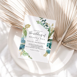 Gouden bloemen met tropisch groen de bruiloft van kaart