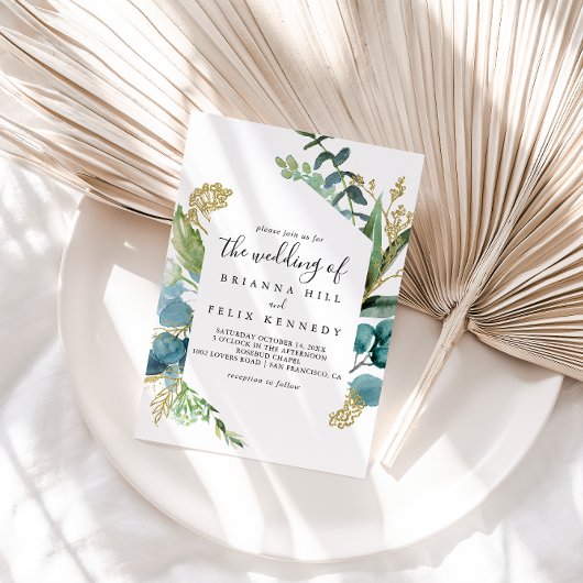 Gouden bloemen met tropisch groen de bruiloft van kaart