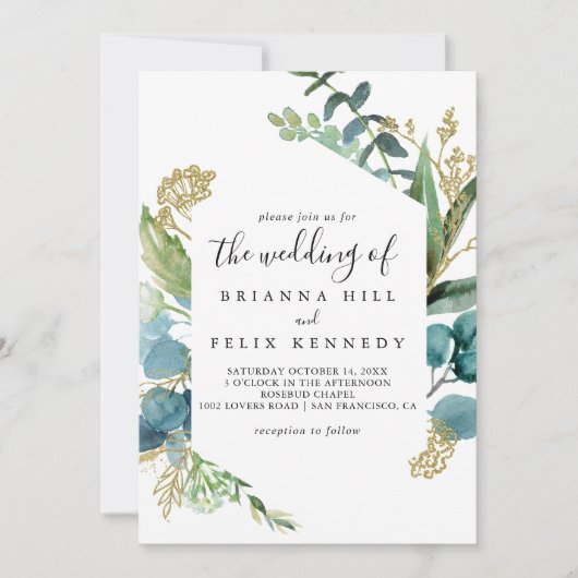 Gouden bloemen met tropisch groen de bruiloft van kaart (Voorkant)