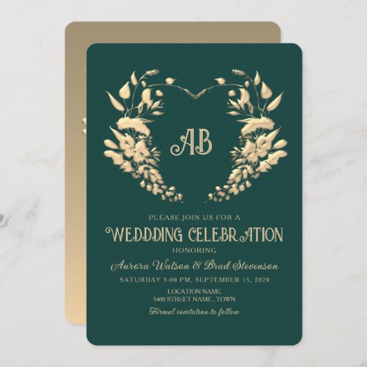 Gouden Bloemen Monogram Emerald Wedding Kaart (Voorkant / Achterkant)
