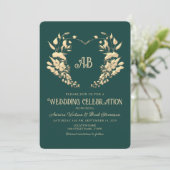 Gouden Bloemen Monogram Emerald Wedding Kaart (Staand voorkant)