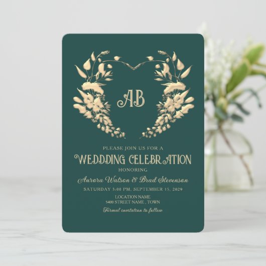 Gouden Bloemen Monogram Emerald Wedding Kaart (Staand voorkant)