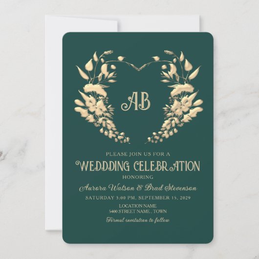 Gouden Bloemen Monogram Emerald Wedding Kaart (Voorkant)