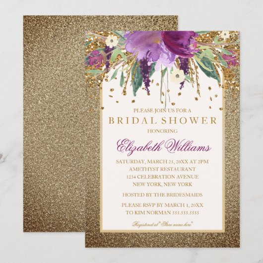 Gouden Bloemen Mousserende Amethist Vrijgezellenfe Kaart (Voorkant / Achterkant)