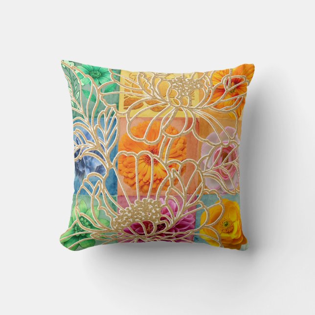 Gouden Bloemen Mozaïek Kussen  (Voorkant)