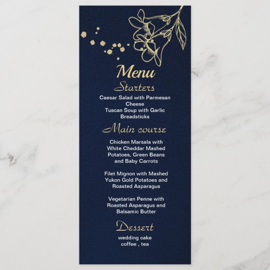 Gouden Bloemen Navy Blue Menu (Voorkant)