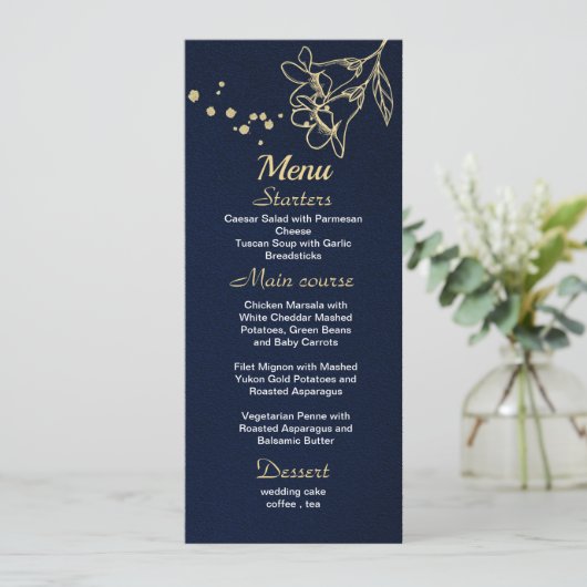 Gouden Bloemen Navy Blue Menu (Staand voorkant)