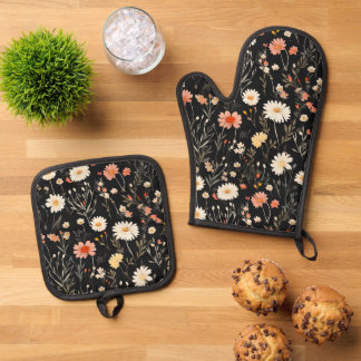 Gouden bloemen op een donkere achtergrond ovenwant & pannenlap set
