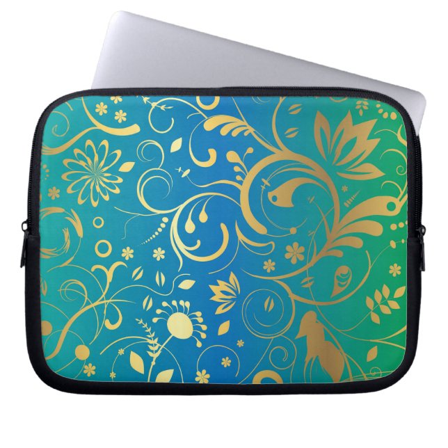 Gouden Bloemen op Groene en Blauwe Gradiënt Terug Laptop Sleeve (Voorkant)