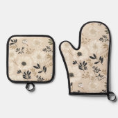 Gouden bloemen op wit ovenwant & pannenlap set (Voorkant)