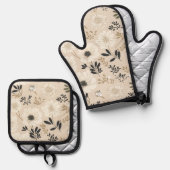 Gouden bloemen op wit ovenwant & pannenlap set (Voorkant / Achterkant)