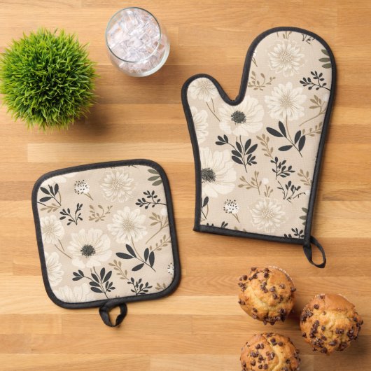 Gouden bloemen op wit ovenwant & pannenlap set (Top down)