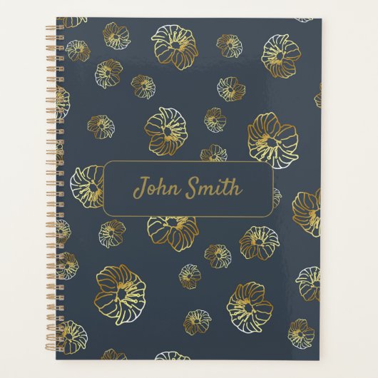 Gouden bloemen op zwart_ Bloemen Patroon Script Planner (Voorkant)