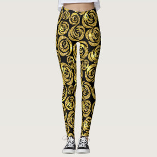 Gouden Bloemen op Zwarte Achtergrond Leggings