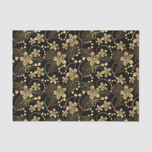 Gouden Bloemen Parels en Bladeren op Zwarte Decoup Tissuepapier (Voorkant)