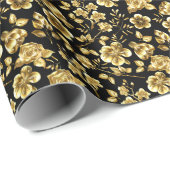 Gouden bloemen Patroon B01 Zwart BG Cadeaupapier (Rol Hoek)