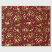 gouden bloemen patroon donkerrode achtergrond cadeaupapier (Vlak)
