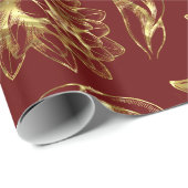  gouden bloemen patroon donkerrode achtergrond cadeaupapier (Rol Hoek)