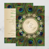 Gouden Bloemen Peacock veren Bruiloft uitnodiging (Voorkant / Achterkant)