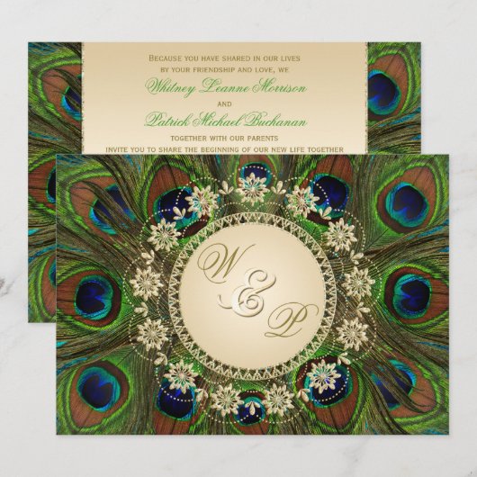 Gouden Bloemen Peacock veren Bruiloft uitnodiging (Voorkant / Achterkant)