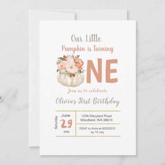 Gouden Bloemen Pompoen Draaien 1 Verjaardag uitnod Kaart (Voorkant)