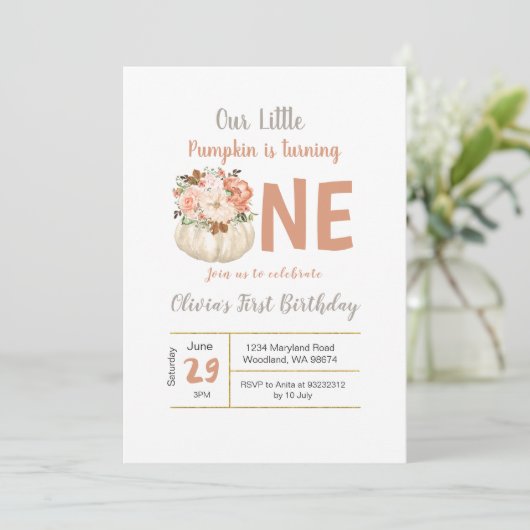 Gouden Bloemen Pompoen Draaien 1 Verjaardag uitnod Kaart (Staand voorkant)