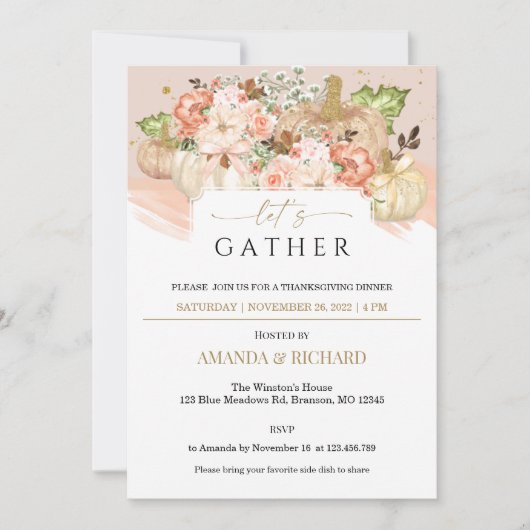 Gouden Bloemen Pompoen Thanksgiving Diner Invitati Kaart (Voorkant)