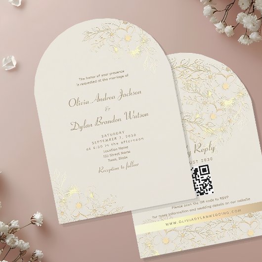 Gouden Bloemen QR Code Huwelijk Kaart