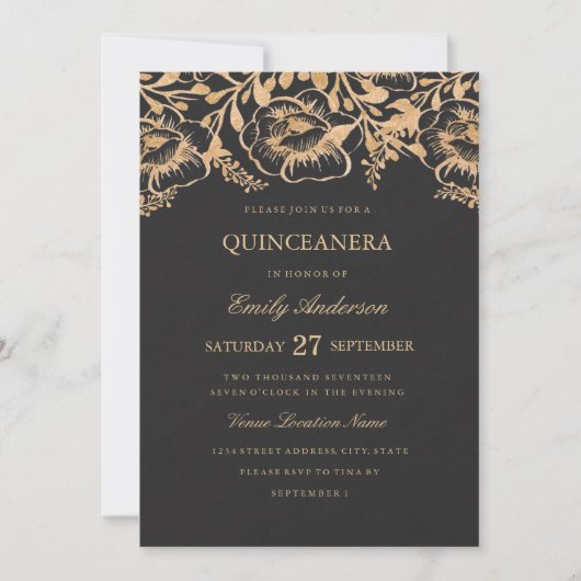  Gouden Bloemen Quinceanera Invitation Kaart (Voorkant)