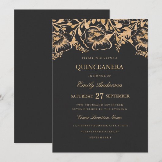 Gouden Bloemen Quinceanera Invitation Kaart (Voorkant / Achterkant)