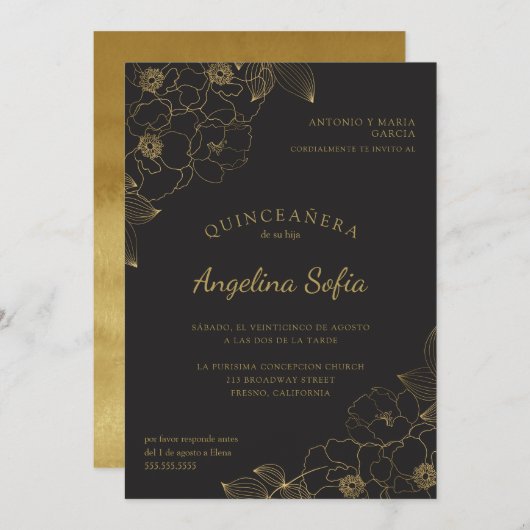  Gouden Bloemen Quinceanera Kaart (Voorkant / Achterkant)