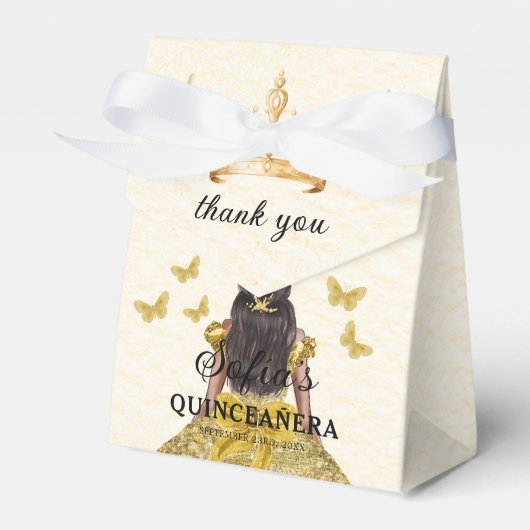 Gouden Bloemen Quinceañera Vlinders Bedankdoosjes (Voorkant Zijde)
