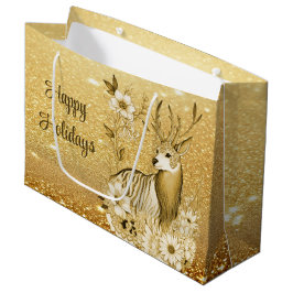 Gouden Bloemen Rendier Gift Bag Groot Cadeauzakje