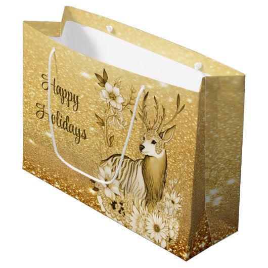 Gouden Bloemen Rendier Gift Bag Groot Cadeauzakje (Voorkant Gekanteld)