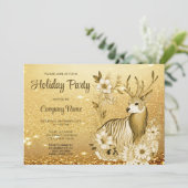 Gouden Bloemen Rendier Kerstfeest uitnodiging (Staand voorkant)