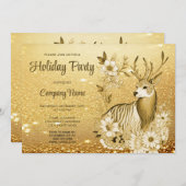 Gouden Bloemen Rendier Kerstfeest uitnodiging (Voorkant / Achterkant)