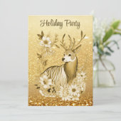 Gouden Bloemen Rendier Kerstfeest uitnodiging (Staand voorkant)